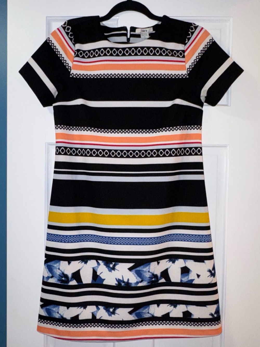 Bar III Black Striped Short Sleeve Shift Dress with Multicolor Accents
